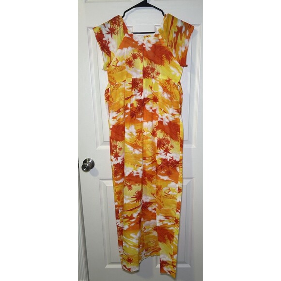 Vintage Sears Hawaiian Fashions Empire Waist Palm Tree Maxi Orange/Yellow SZ 14 - Picture 4 of 6